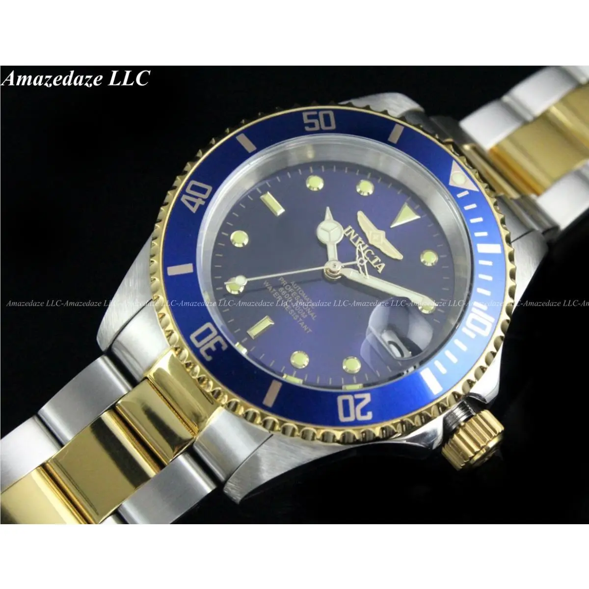 Invicta Men`s Pro Diver 24J Automatic NH35A Stainless Steel Blue Dial Watch - Dial: Blue, Band: Gold, Silver, Bezel: Blue
