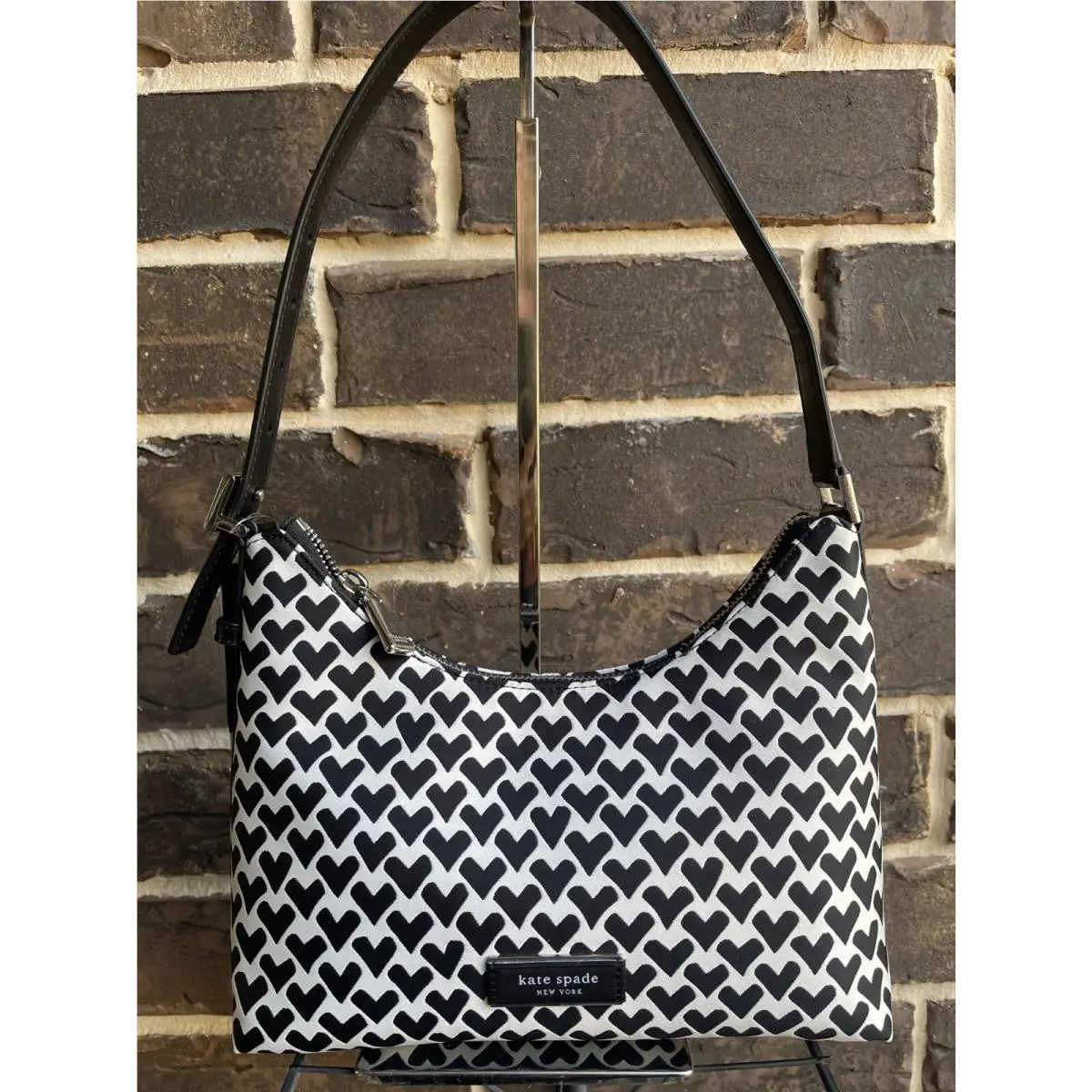 NWT$248 Kate Spade Sam Icon Modernist Hearts Nylon Sm Shoulder Bag Black White