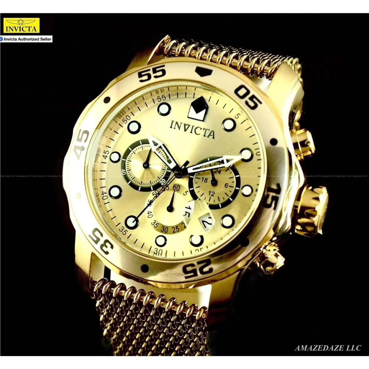 Invicta Men 48mm Prodiver Scuba Chrono Mesh Bracelet Golden Dial SS Watch