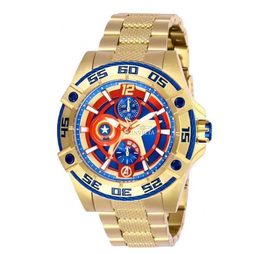 Invicta Marvel Women`s 44mm Captain America Limited Edition Day/date Watch 27019 - Dial: Blue, Multicolor, Red, Yellow, Band: Gold, Yellow