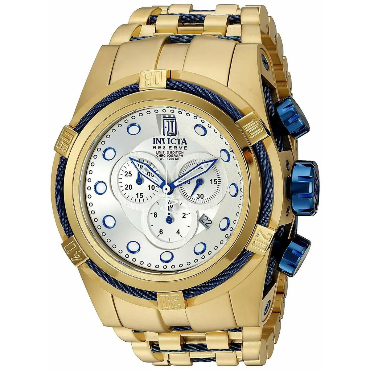 14426 Invicta Reserve Mens 51mm JT Bolt Zeus Ltd Ed Quartz Chrono Bracelet Watch - Dial: Silver, Band: Gold, Dark Blue, Gold, Bezel: Gold