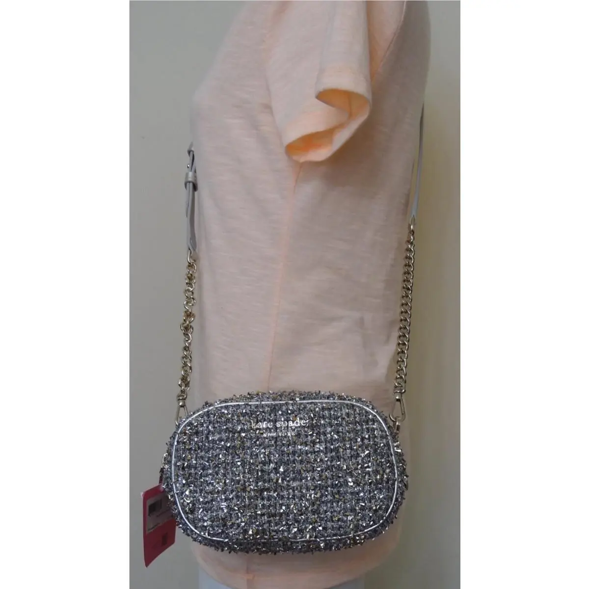 Kate Spade New Camera Silver Multi Metallic Tweed Fabric Small Crossbody Bag