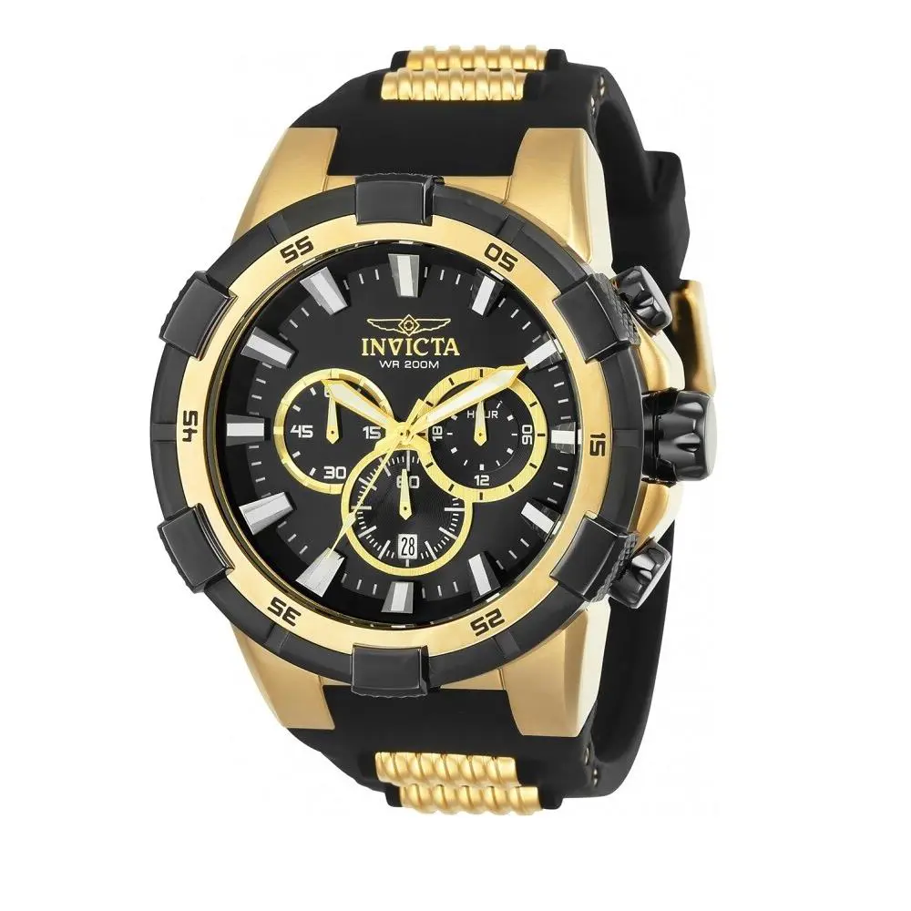 Invicta 25135 Aviator Gold Black Dial Silicone Band Chrono Quartz 48MM - Face: Blue, Dial: Black, Gold, Band: Black, Gold