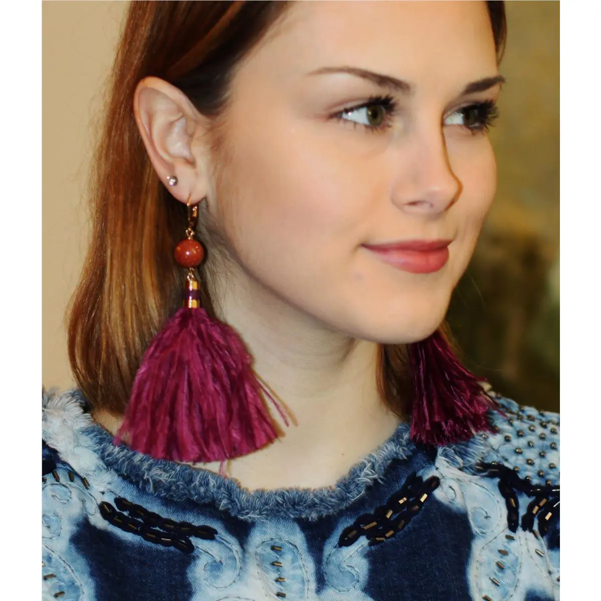Kate Spade New York Swing Time Gold Stone Purple Feather Large Tassel Earrings