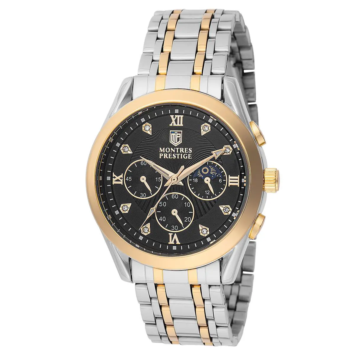 Invicta X Montres Prestige Diamond Dial Moon-phase 40MM Quartz Watch - Dial: Black, Band: Gold, Bezel: Gold