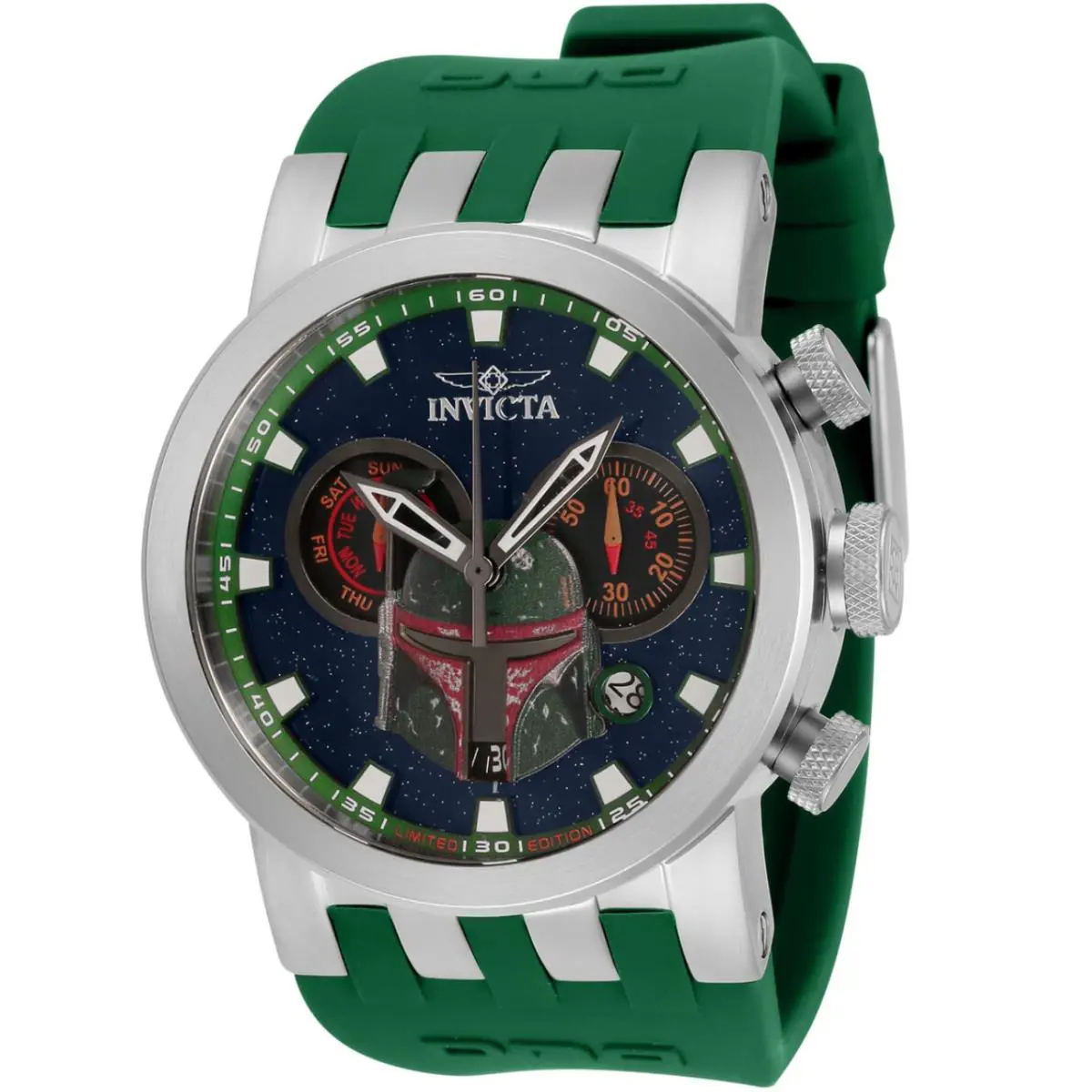 Invicta Star Wars Boba Fett Men`s 46mm Limited Ed Swiss Chronograph Watch 34686 - Dial: Black, Gray, Green, Multicolor, Band: Green, Bezel: Silver