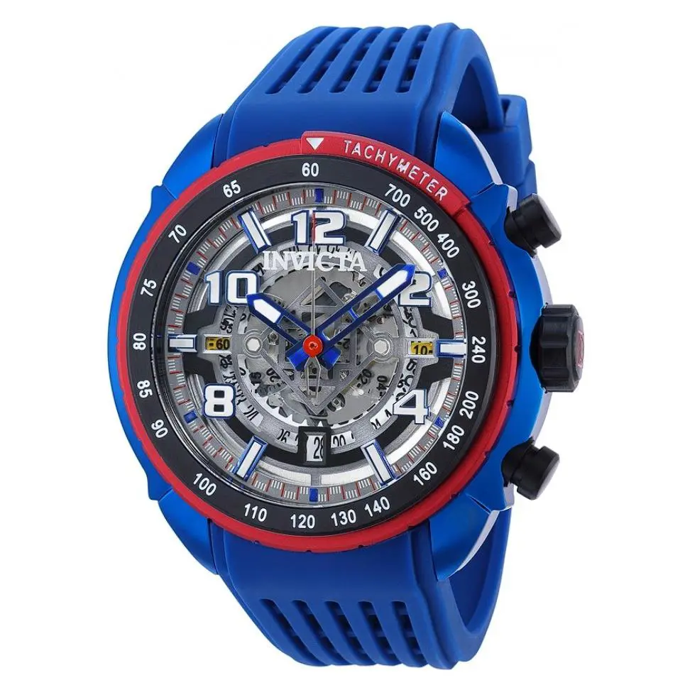 Invicta S1 Rally Men`s 48mm Anatomic Skeleton Dial Blue Chronograph Watch 36370 - Dial: Black, Gray, Multicolor, Silver, Band: Blue, Bezel: Black, Red