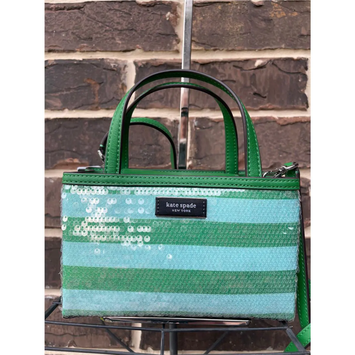 Kate Spade Sam Icon Stripe Sequin Mini Tote Seaside Green Bag KB963