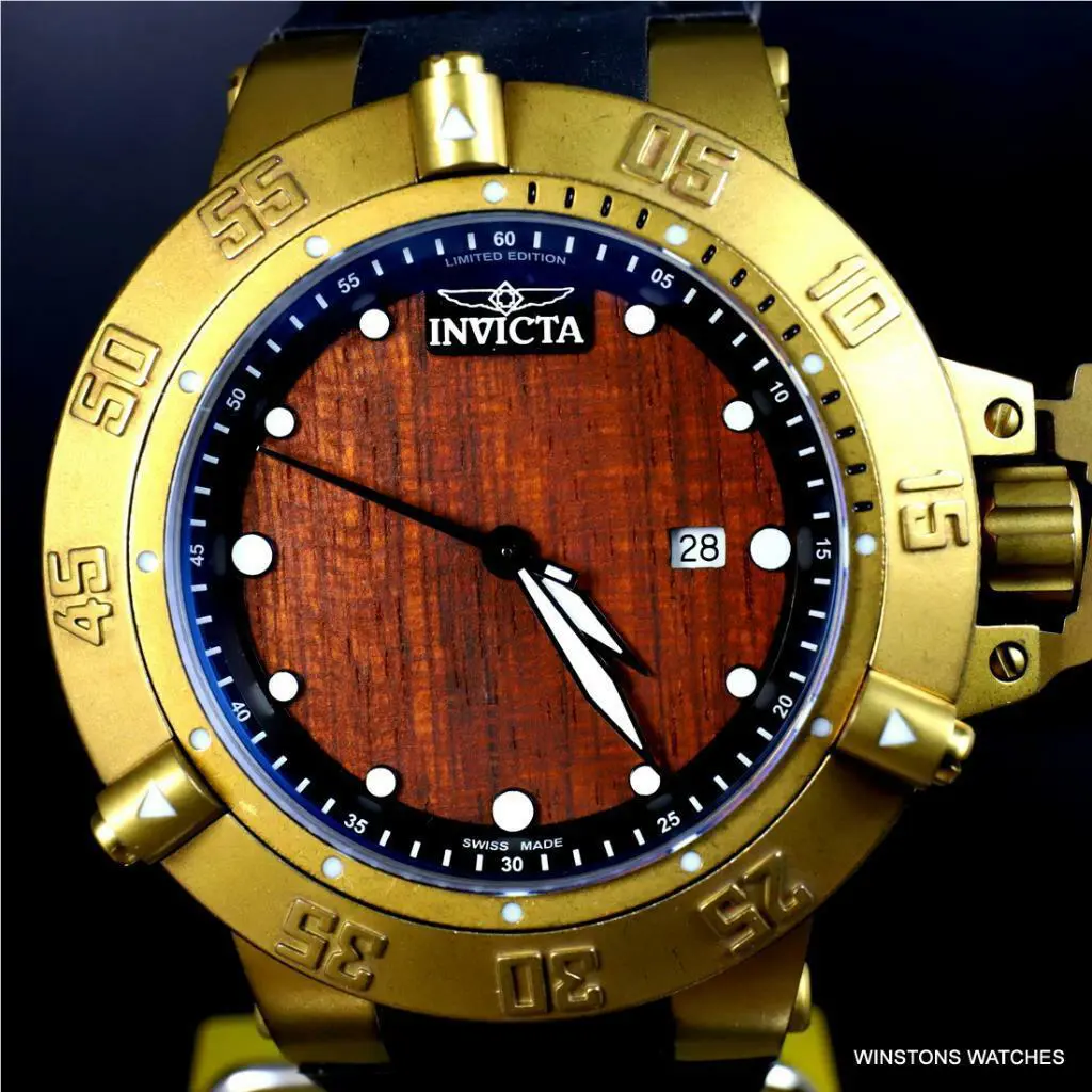 Invicta Subaqua Noma Iii Swiss Made Wood 50mm Distressed Gold Plated Watch