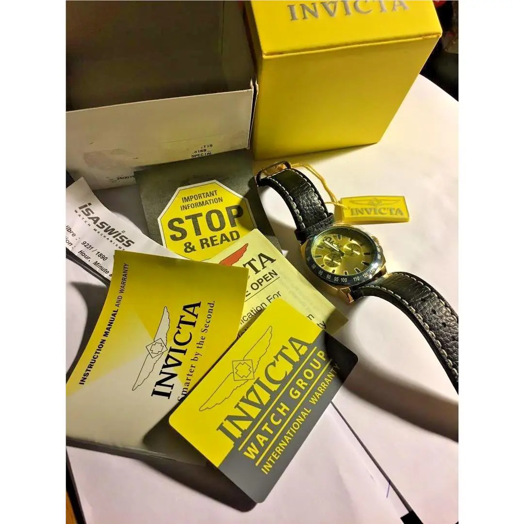 Men`s 10294 Specialty Gold Tone Dial Black Leather Watch by Invicta