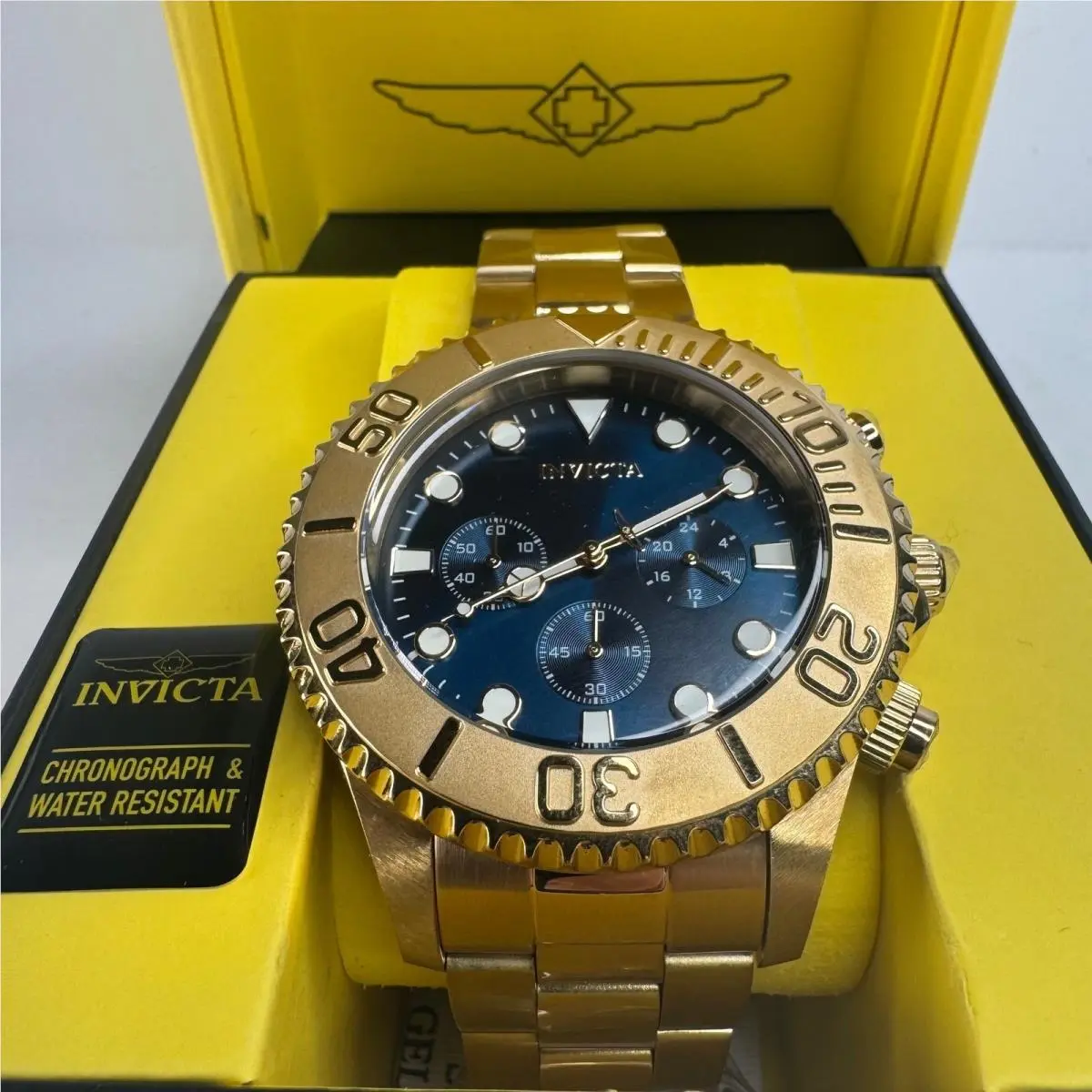Invicta Pro Diver 36974 Mens Chronograph Blue Dial Gold Tone Steel Watch 48mm