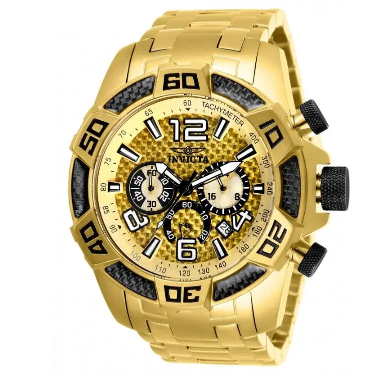 Msrp- Invicta Pro Diver Gold Dial Chronograph Men`s Watch - Dial: Carbon Fiber, Band: Gold, Bezel: Black, Gold