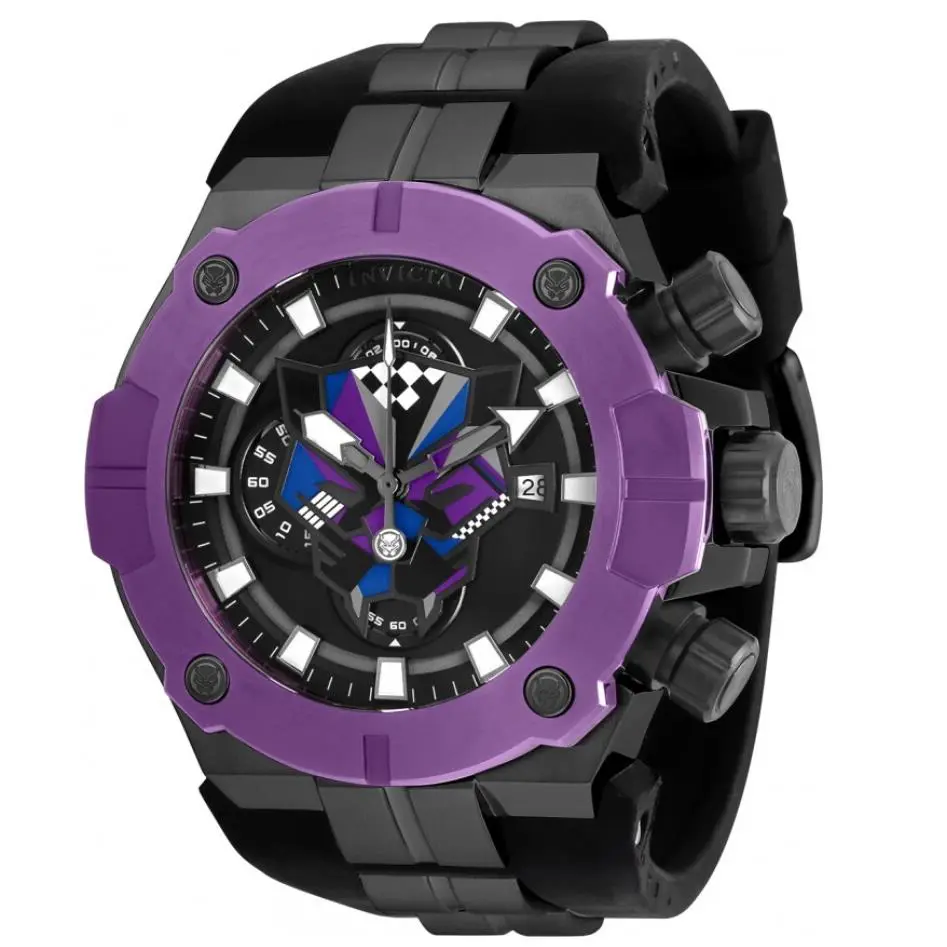 Invicta Marvel Black Panther Men`s 52mm Limited Chronograph Watch 36356 Rare - Dial: Black,Gray,Multicolor,Purple, Band: Black, Bezel: Black,Purple