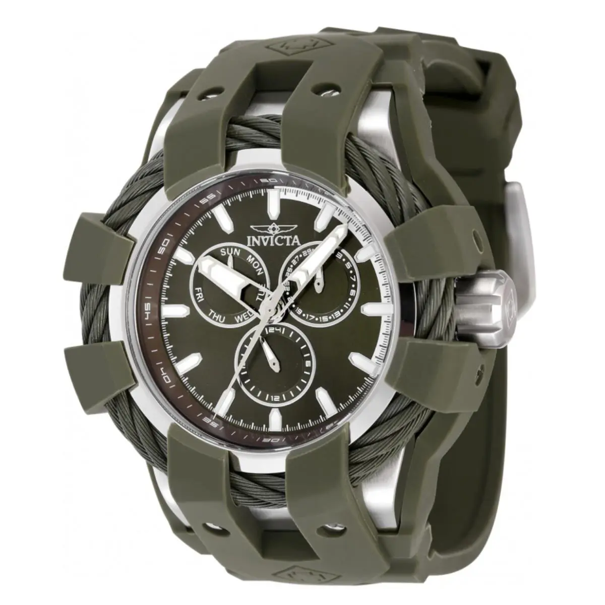 Invicta Bolt Shock Army Green Men`s 50mm Multifunction Date Quartz Watch 47837 - Dial: Green, White, Band: Green, Bezel: Green, Silver