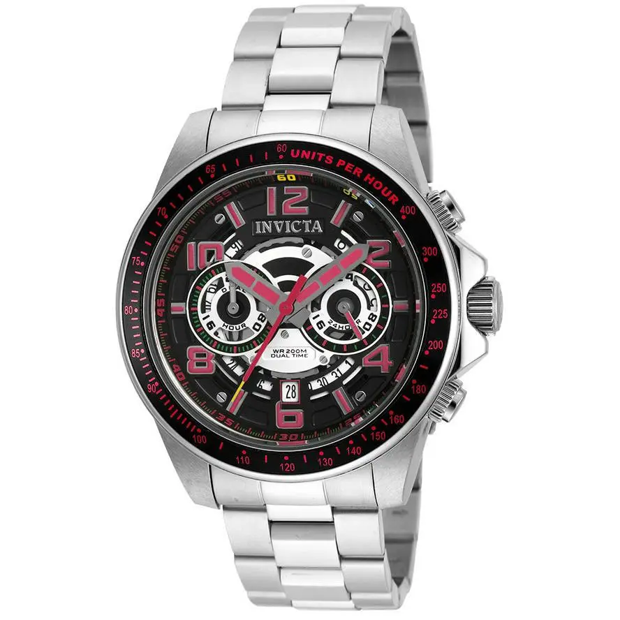 Invicta 19284 Mens Speedway Dual Time SS Black Silver-tone Dial Watch
