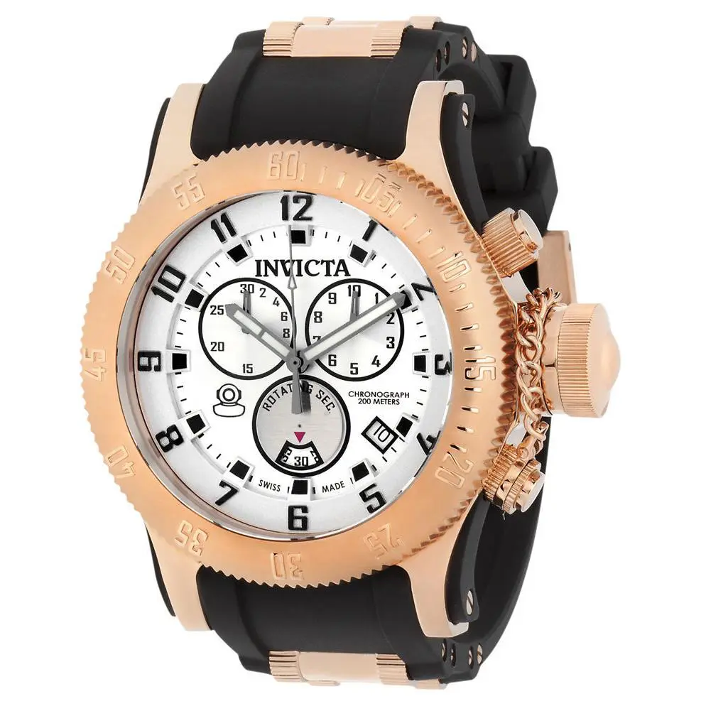 Swiss Made Invicta 15566 Russian Diver Chronograph Silver Dial Men`s Watch - Dial: Silver, Band: Black