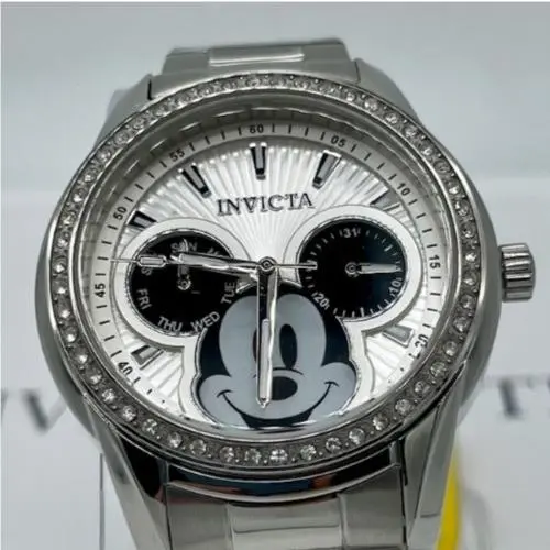 Invicta Disney Women`s 38mm Mickey Mouse Limited Edition Crystals Watch 37824 - Dial: Black, White, Band: Silver, Bezel: Silver