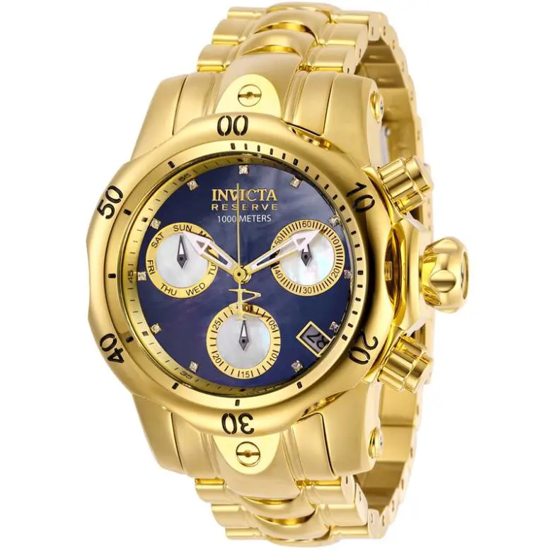 Invicta Reserve Venom Lady 42mm Black Mop Diamond Dial Swiss Chrono Watch 28619 - Dial: Black, Gold, Multicolor, White, Band: Gold, Yellow, Bezel: Gold, Yellow