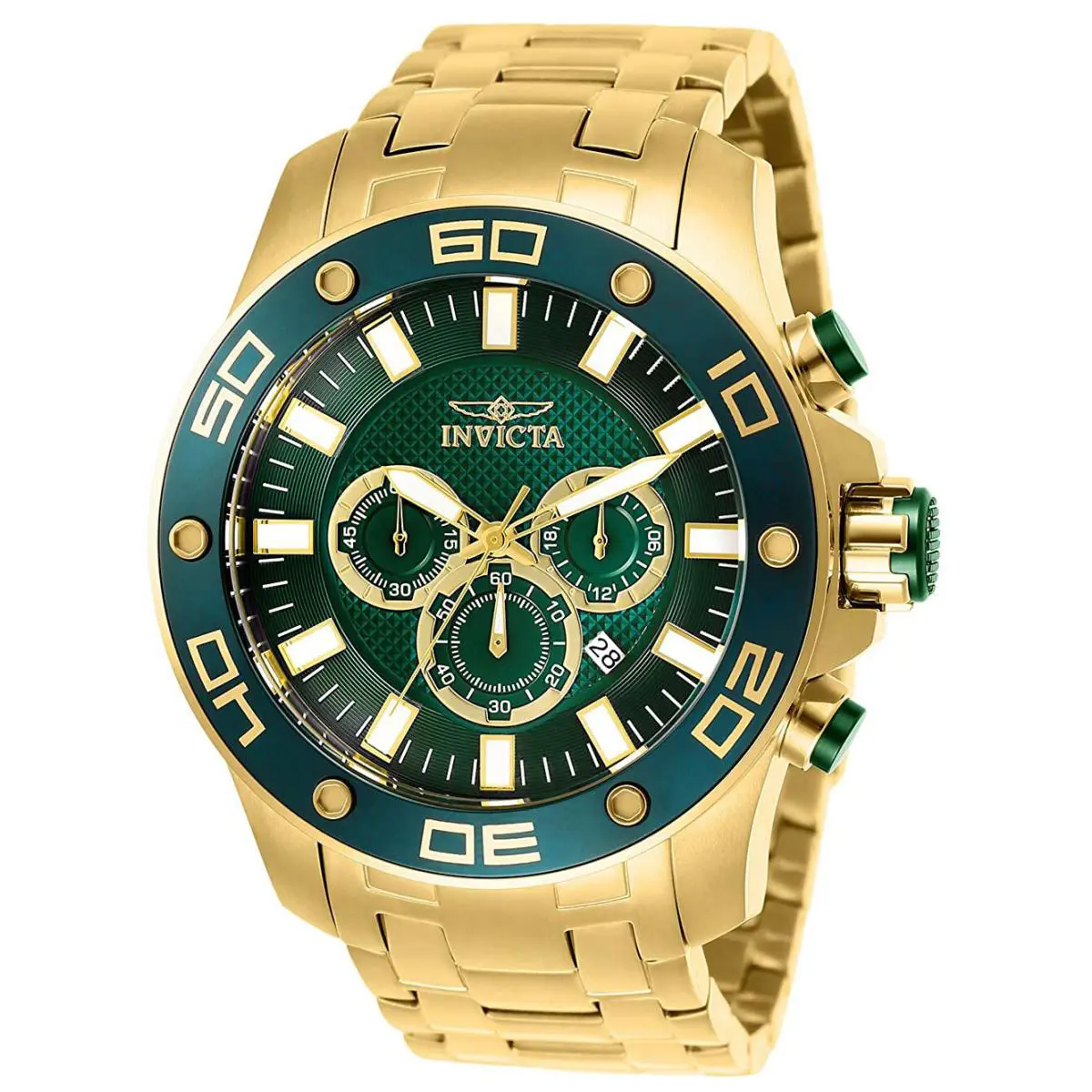 26077 Pro Diver Green Dial Gold Tone Stainless Chronograph Men`s Watch by Invicta