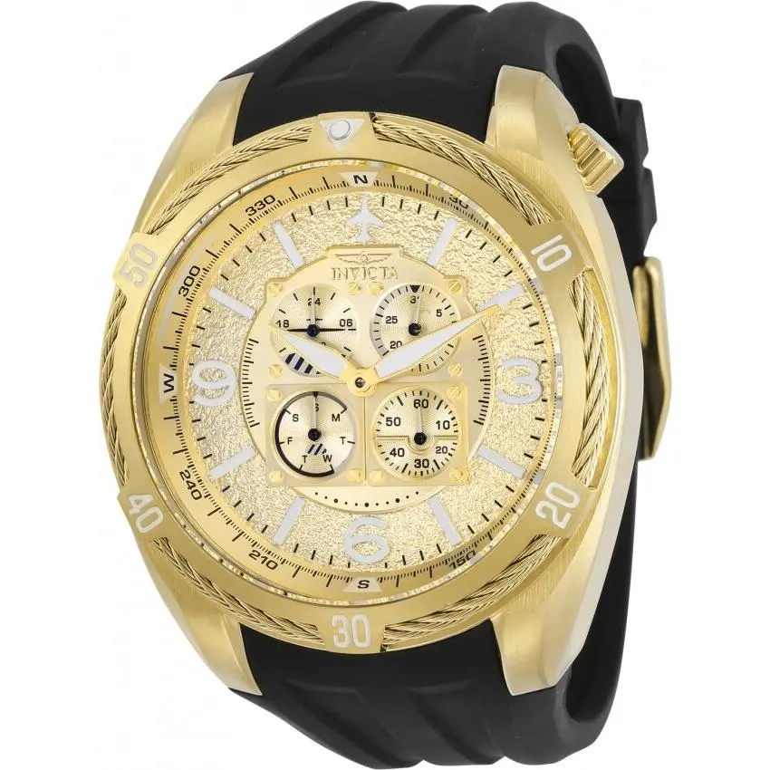 Invicta 30486 Men`s Aviator Chronograph Gold Dial Black Silicone Bracelet Watch