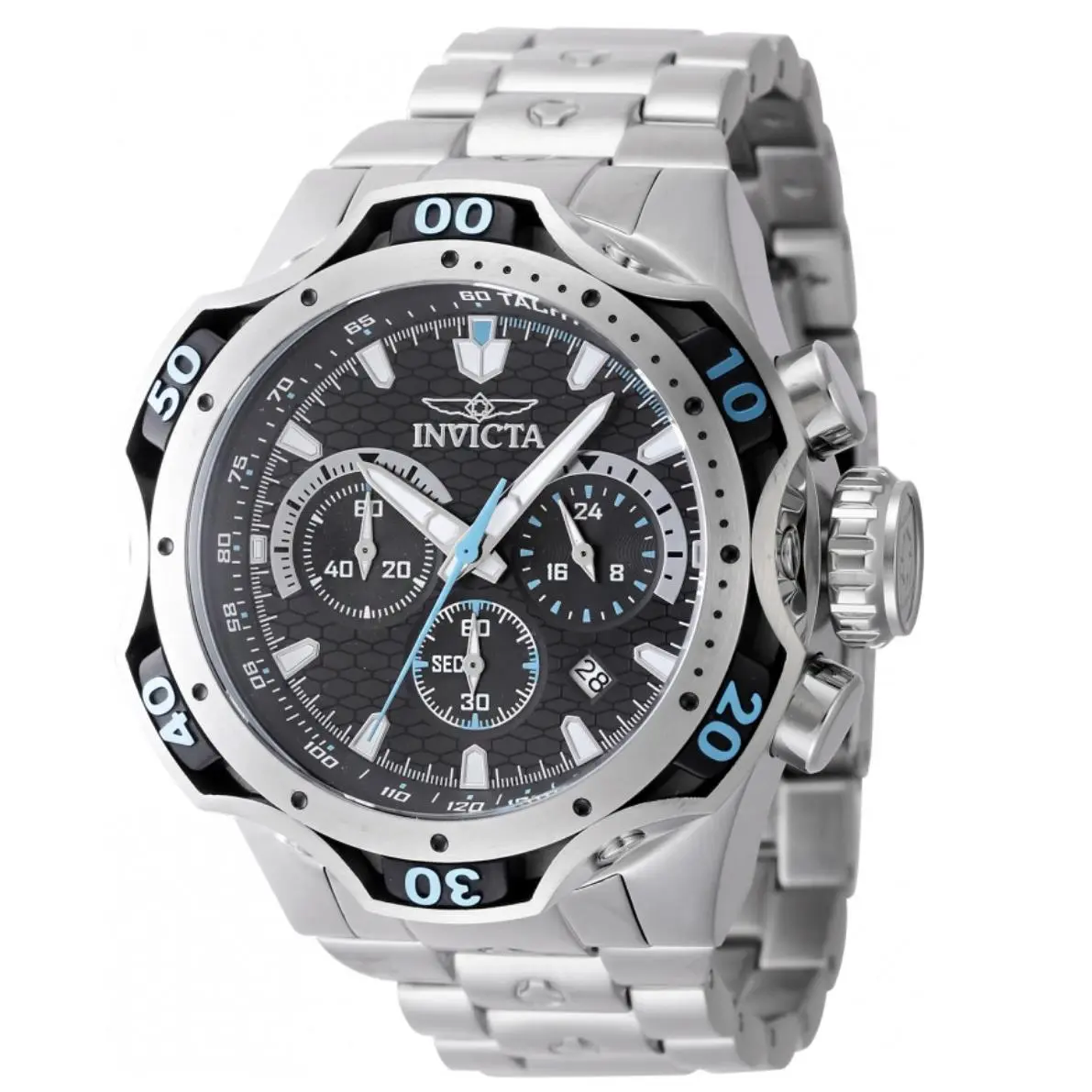 Invicta Venom Combat Men`s 52mm Black Ice Blue Quartz Chronograph Watch 47758 - Dial: Black, Blue, Gray, Silver, White, Band: Silver, Bezel: Blue, Gray, Silver