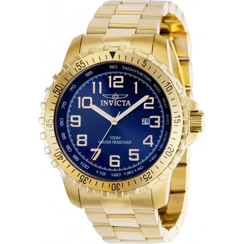 Invicta Specialty Quartz Gold Bracelet 3 Hand Blue Dial Men`s 39120 Watch - Blue, Dial: Blue, Band: Gold