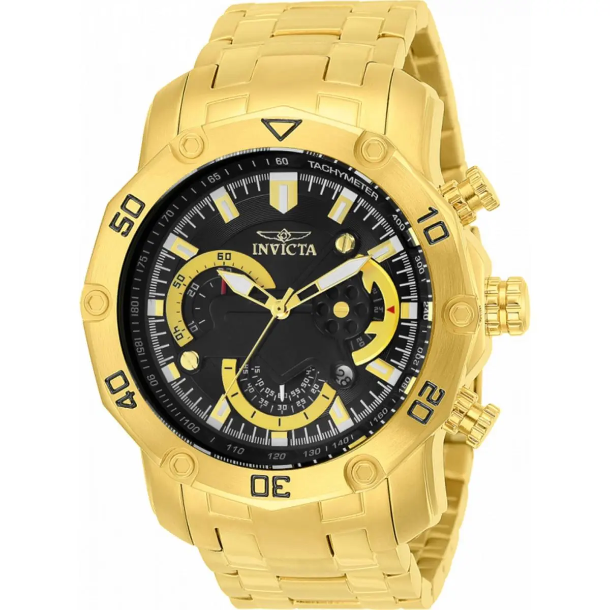 Invicta Men`s Watch Pro Diver Scuba Chrono Black Dial Yellow Gold Bracelet 22767