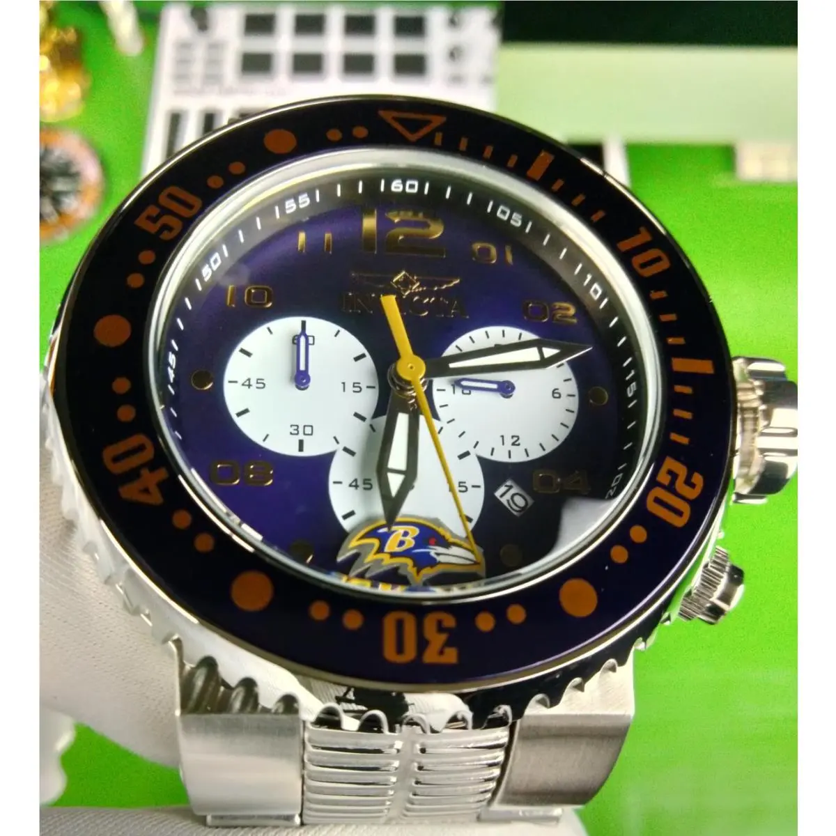 Invicta Nfl Baltimore Ravens 30257 Men`s Watch 52mm Purple Gold Chronograph 200M - Dial: Purple, White, Band: Silver, Bezel: Gold, Purple, Steel, stainless steel