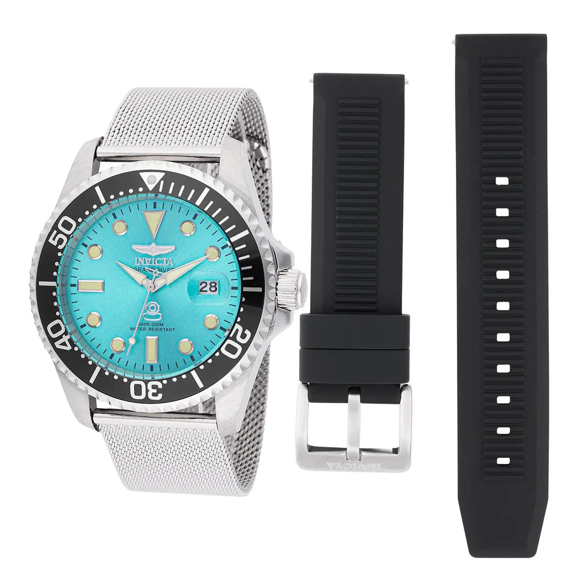 Invicta Pro Diver Interchangeable Strap Men`s 42mm Teal Dial Quartz Watch 48213 - Dial: Black, Blue, White, Band: Black, Silver, Bezel: Black, Silver