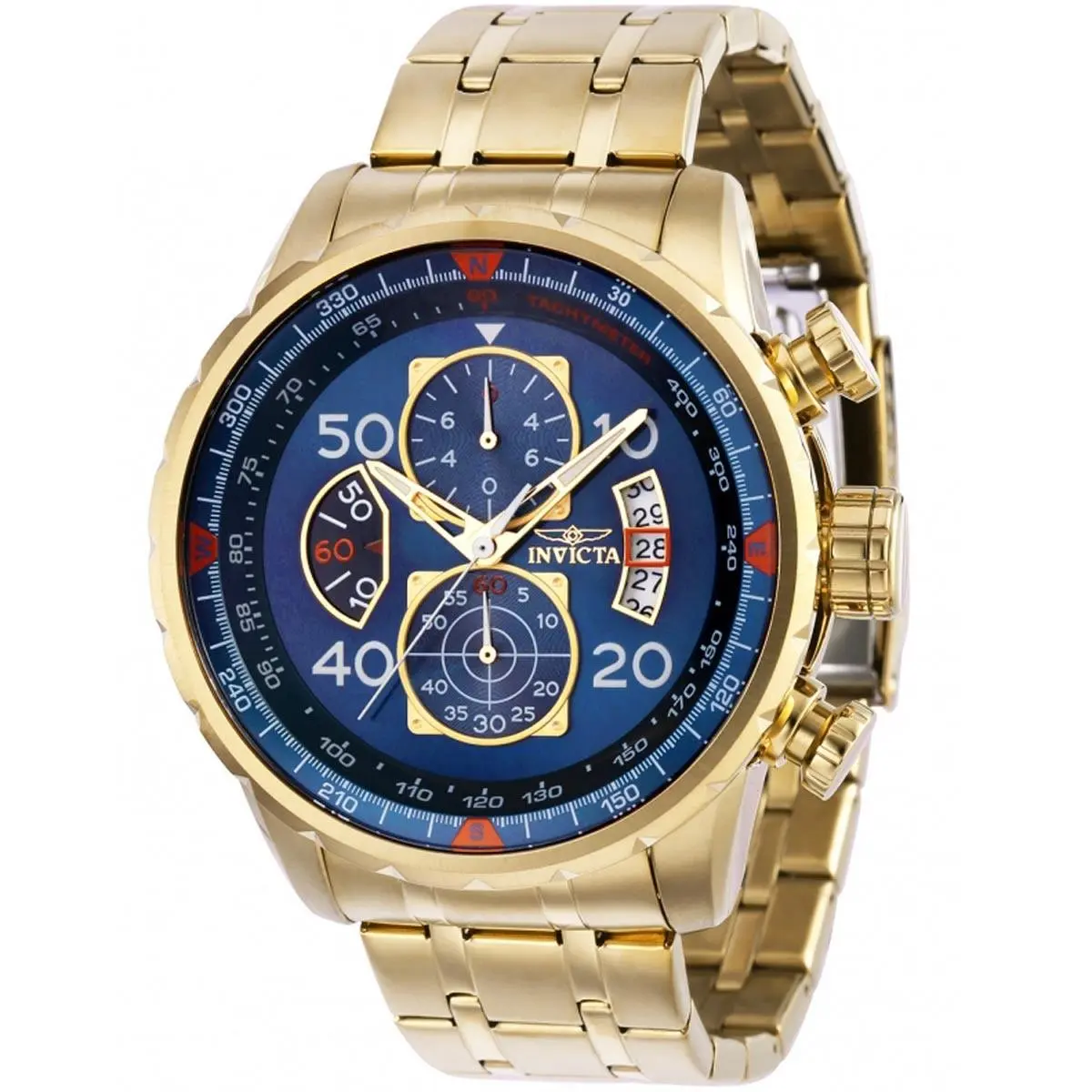 Men`s Watch Aviator Quartz Chronograph Blue Dial YG Steel Bracelet 36602 by Invicta