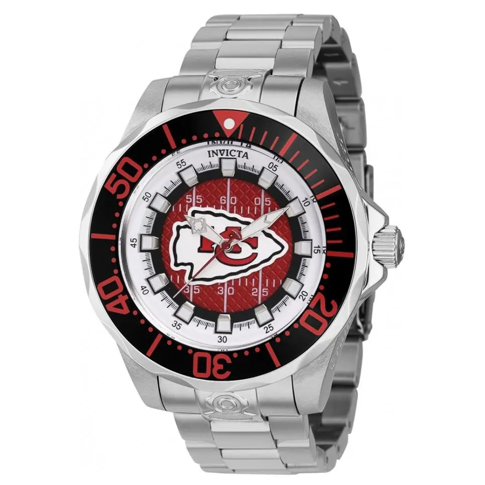 Invicta Nfl Kansas City Chiefs Automatic Men`s 47mm Grand Diver Watch 42121 - Dial: Red, Silver, White, Band: Silver, Bezel: Black, Red