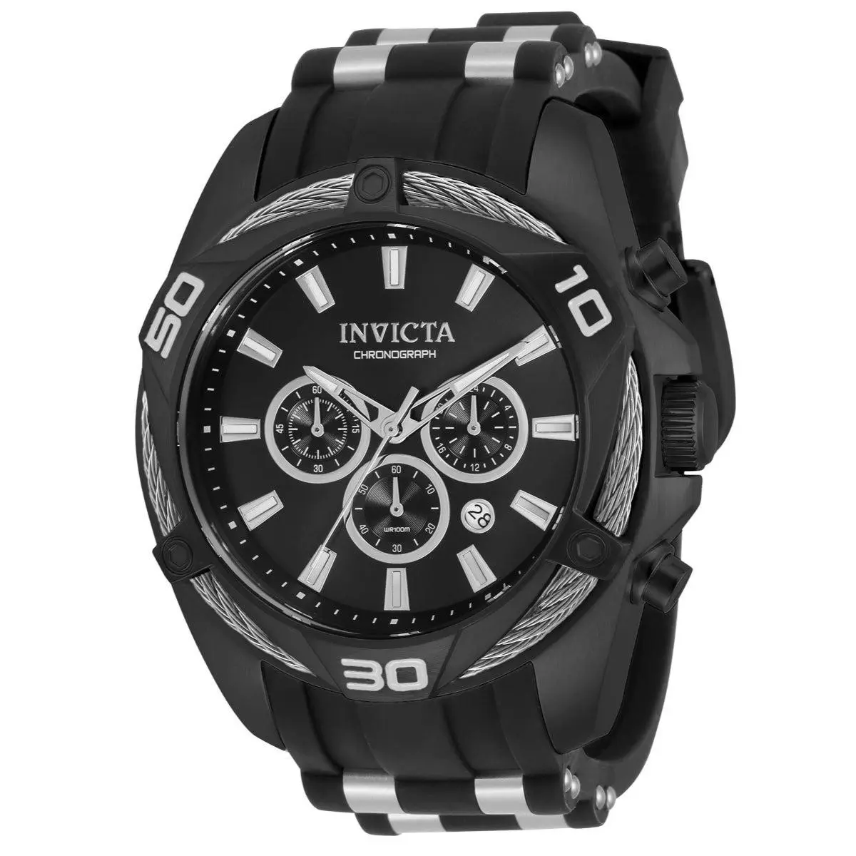 Invicta 34145 Bolt Vanguard Men`s Watch 50mm Quartz Black Dial 100m WR - Dial: Black, Band: Black, Bezel: Black, Silver