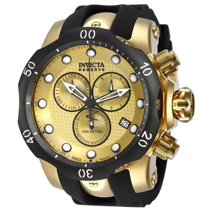Swiss Made Invicta 16150 Reserve Venom Chronograph Mens Watch + 1-Slot Dive Case - Dial: Champagne, Band: Black, Bezel: Black