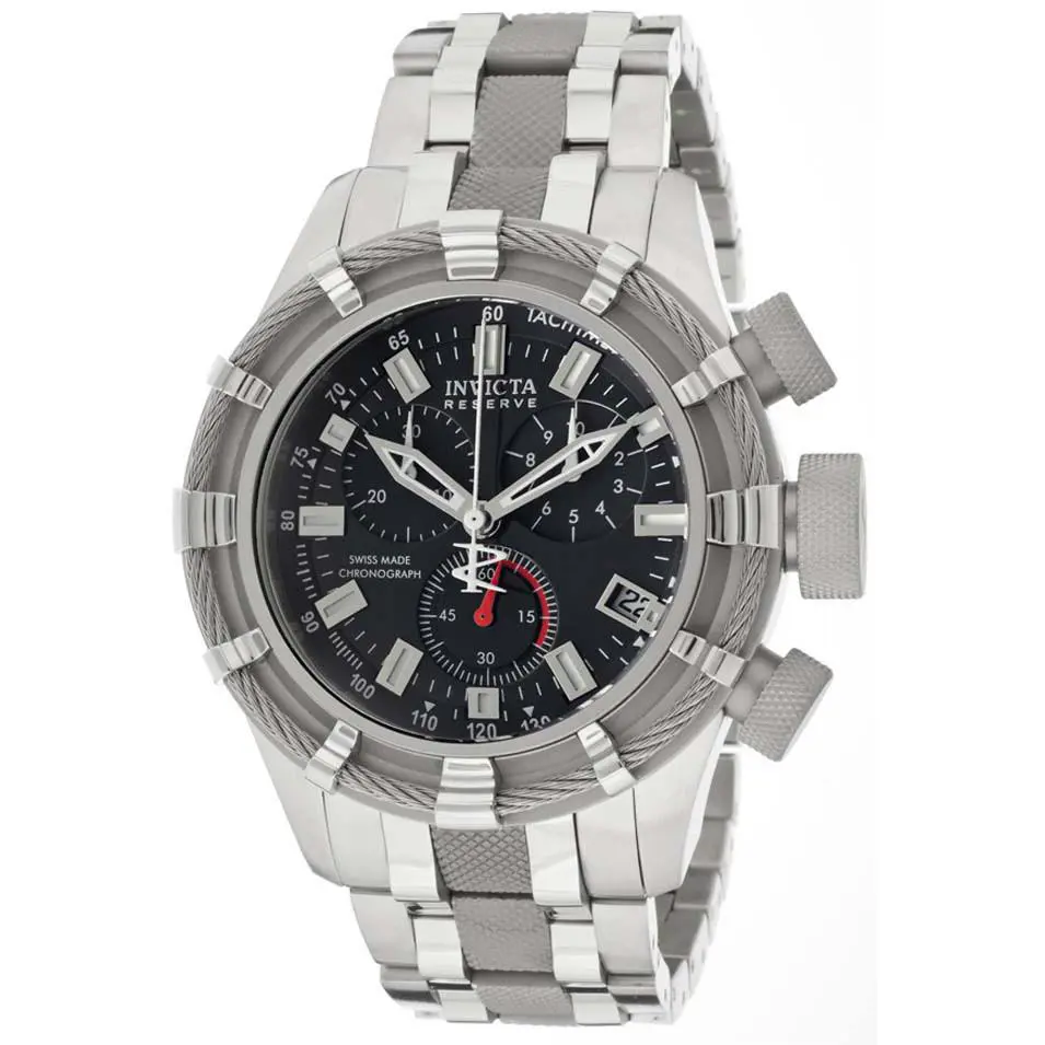 Swiss Made Invicta 10540 Reserve Bolt Chronograph Mens Watch w/ 3-Slot Dive Case - Dial: Black, Band: Silver, Manufacturer Band: Silver