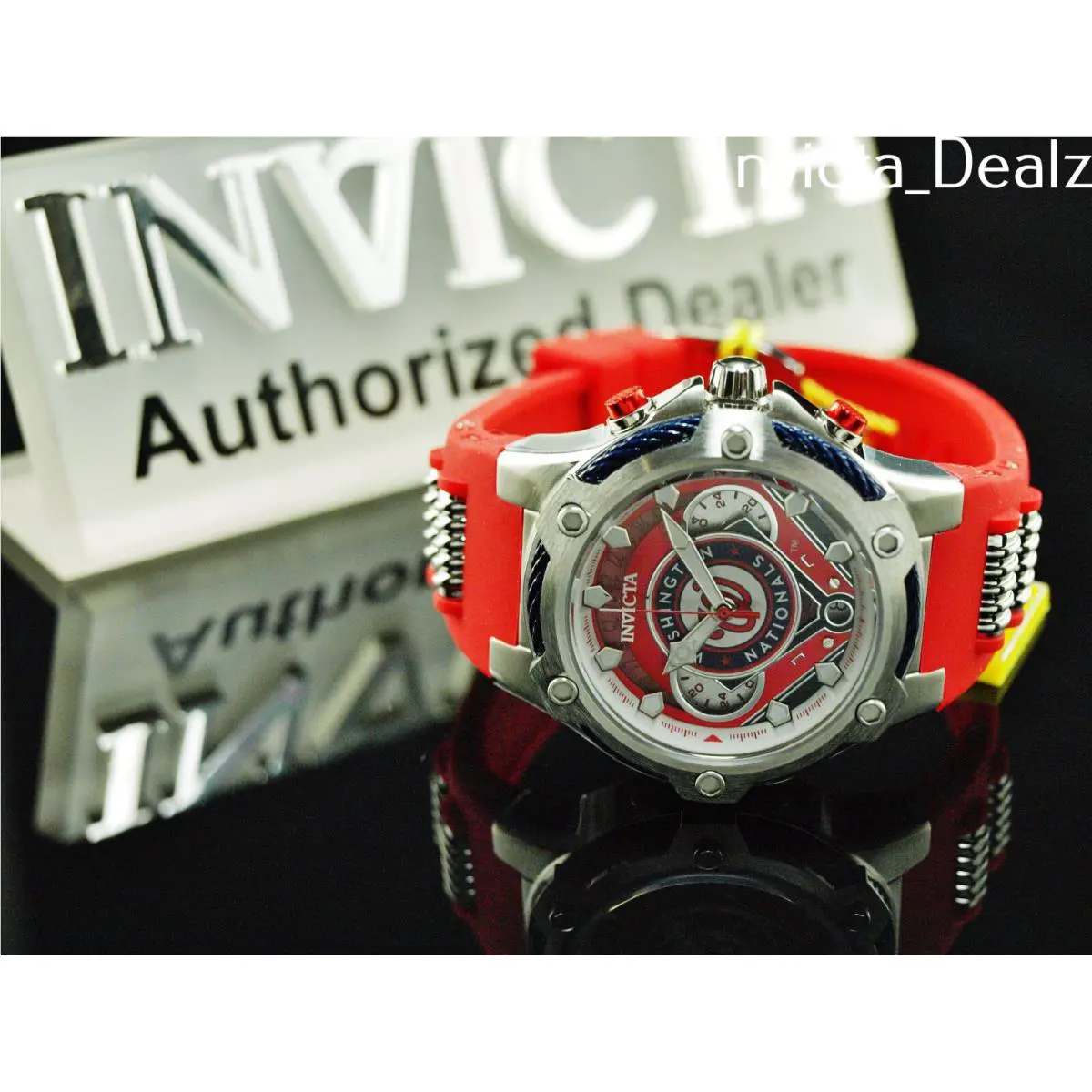 Invicta 40mm Mlb Washington Nationals Bolt Gmt Quartz Red Strap SS Watch