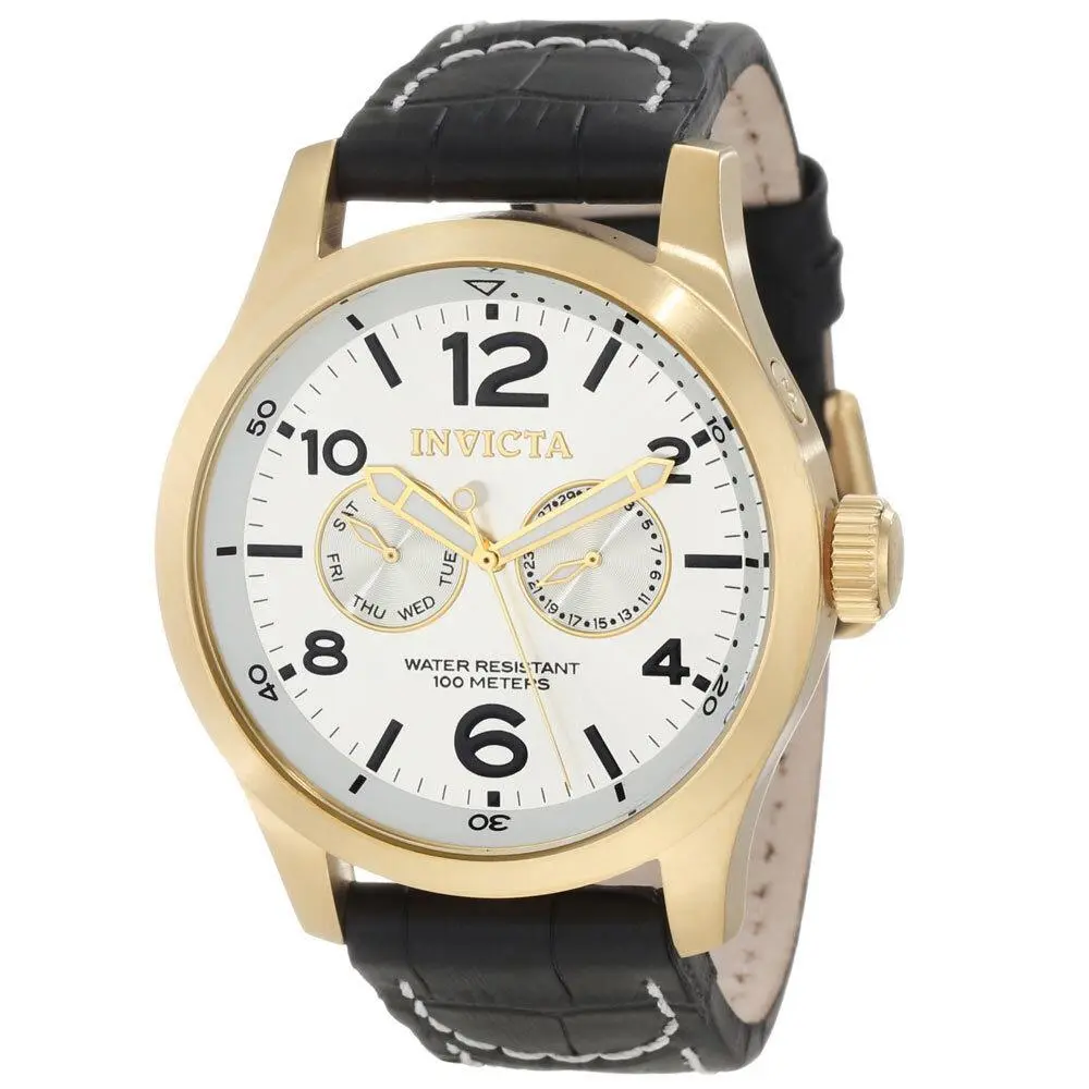 Invicta 12172 Men`s Specialty Military Silver Dial Gold Steel Black Strap Watch - Dial: White