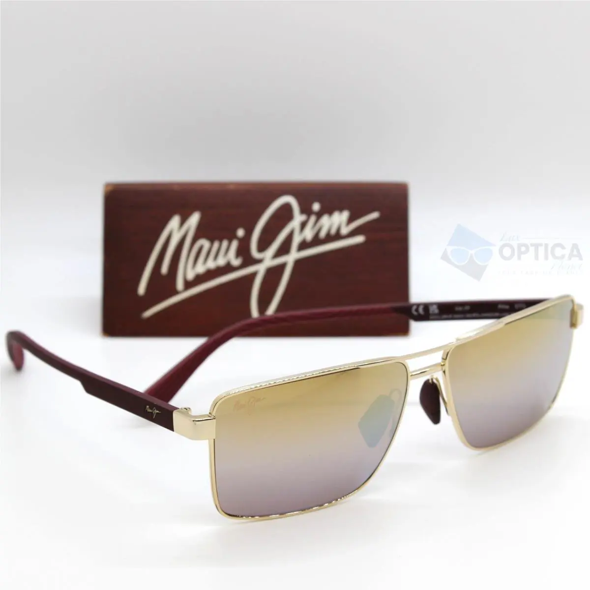 Maui Jim Piha Polarized Sunglasses Shiny Gold Burgundy Dual Mirror DGS621-16