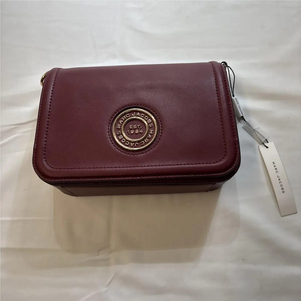 Marc Jacobs Medium Metal Signet Syrah Smooth Leather Flap Crossbody Purse Bag
