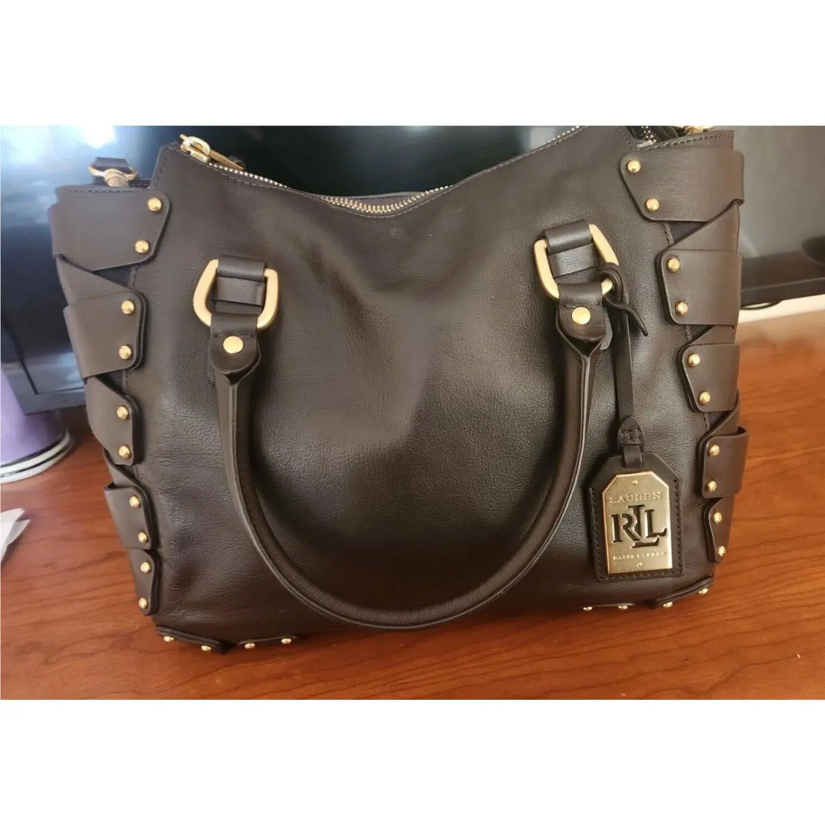 Ralph Lauren Leather Ludwick Odette Medium Choco Hand/crossbody Stud Bag