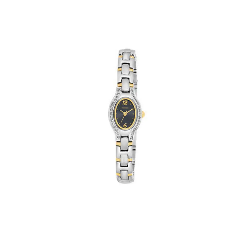 Seiko SUJG68 Women`s Round Black Dial Two-tone Stainless Steel Dress Watch - Dial: Black, Band: Gold, Silver, Two-Tone, Bezel: Silver
