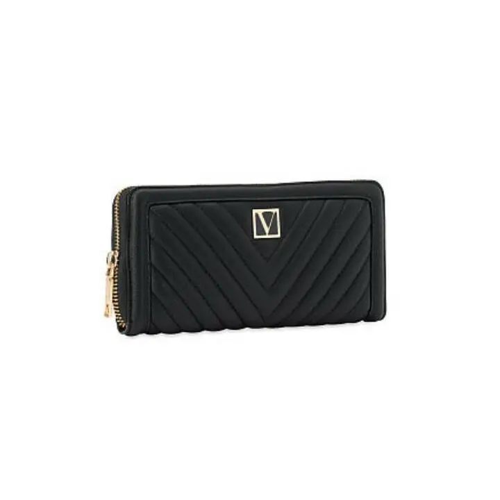 Victoria Secret Zip Around Wallet Black Quilted Logo