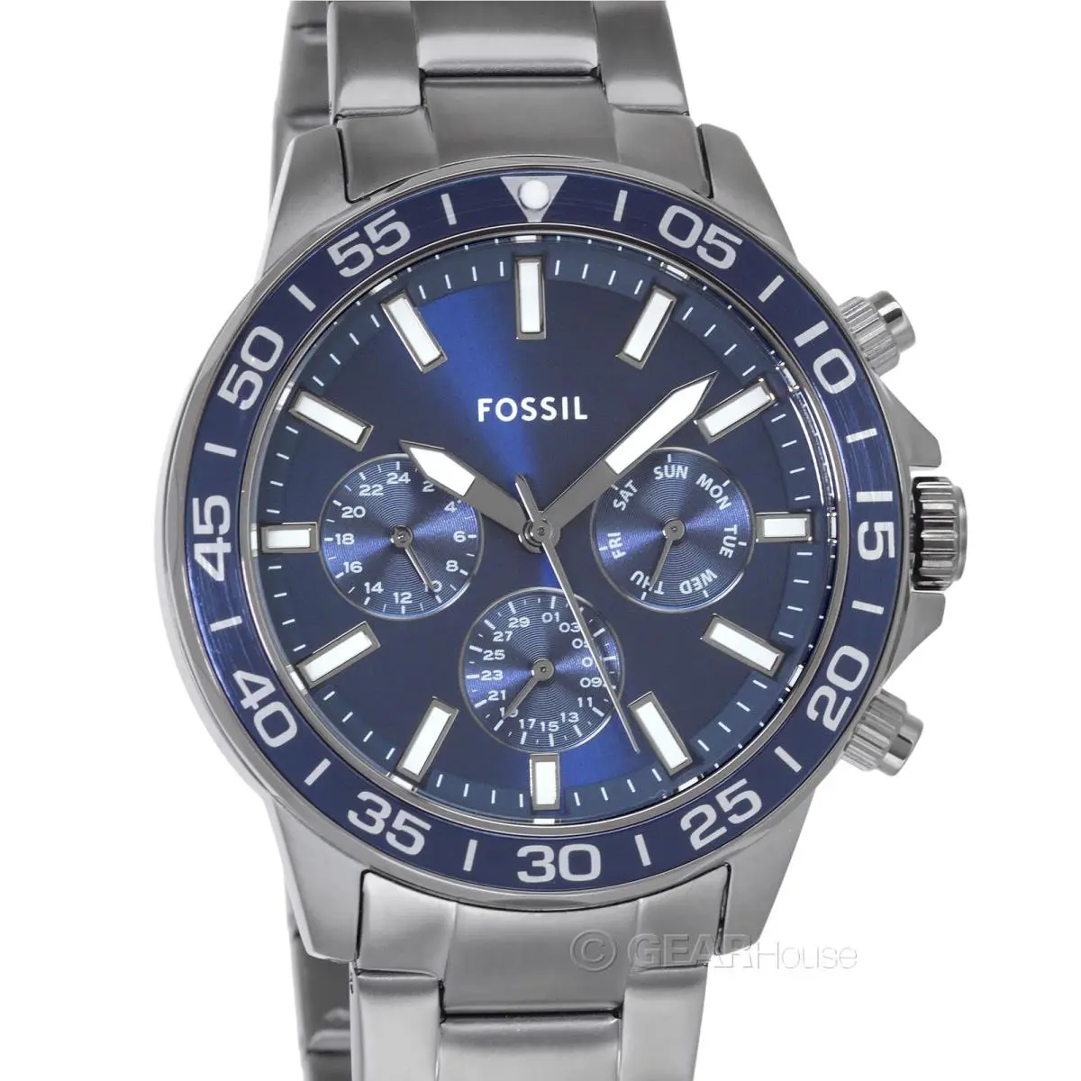 Fossil Bannon Mens Multifunction Watch Blue Dial Date Gray Stainless Steel Band