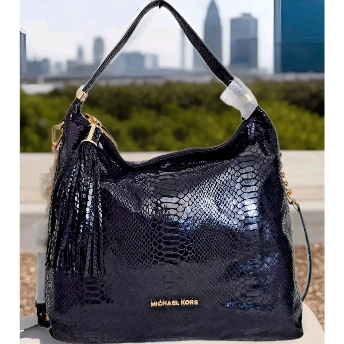 Michael Kors Weston Black Snakeskin Leather Large Top Zip Shoulder Bag