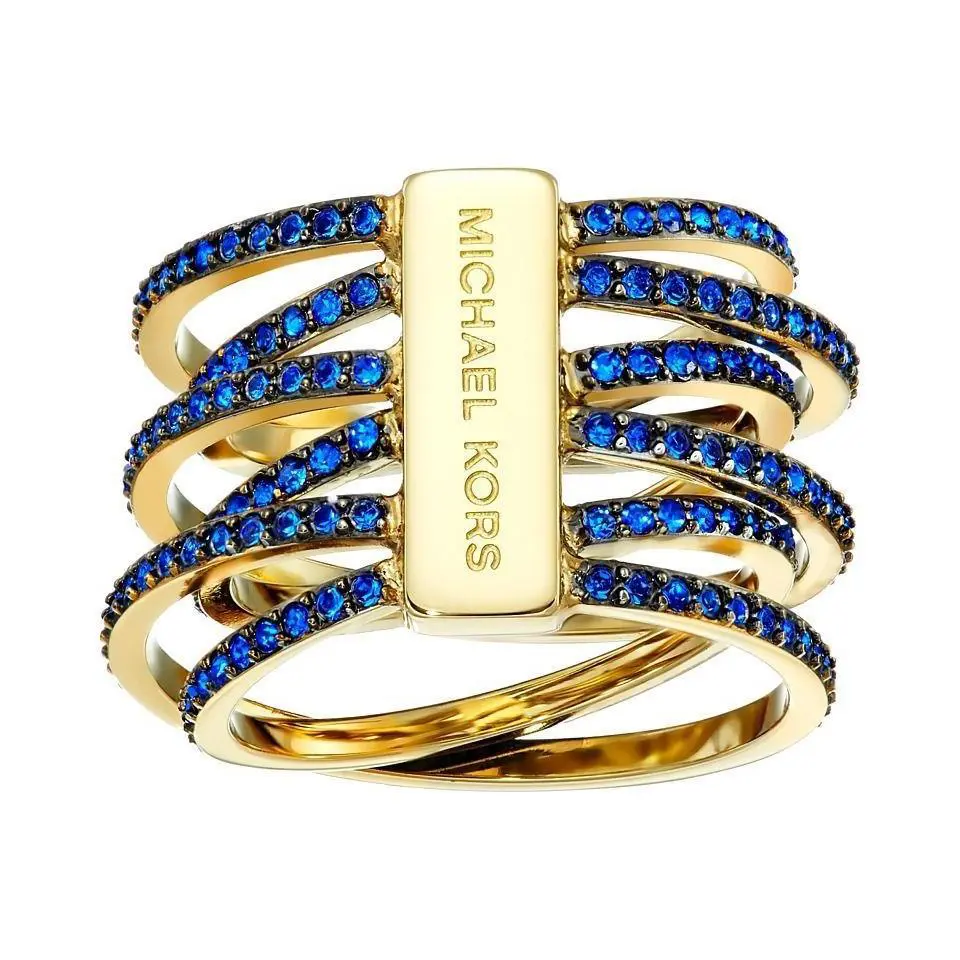 New-michael Kors Gold Tone Blue Pave Glitz Criss Cross Ring Size 7 8 MKJ5004
