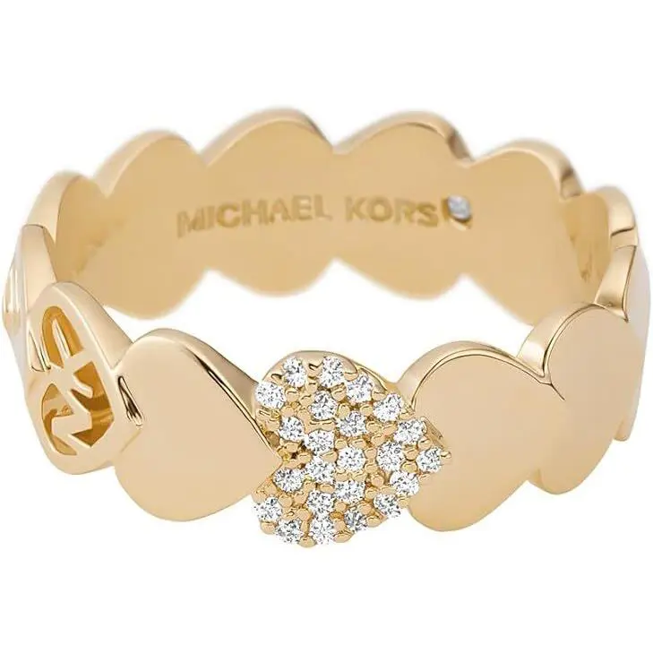 Michael Kors Gold Tone Heart Shape Crystals Logo Brass Ring Band - MKJ7985