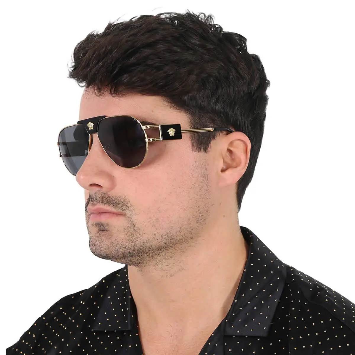 Versace Dark Grey Pilot Men`s Sunglasses VE2252 100287 63 VE2252 100287 63 - Gold, Frame: Gold, Lens: Gray