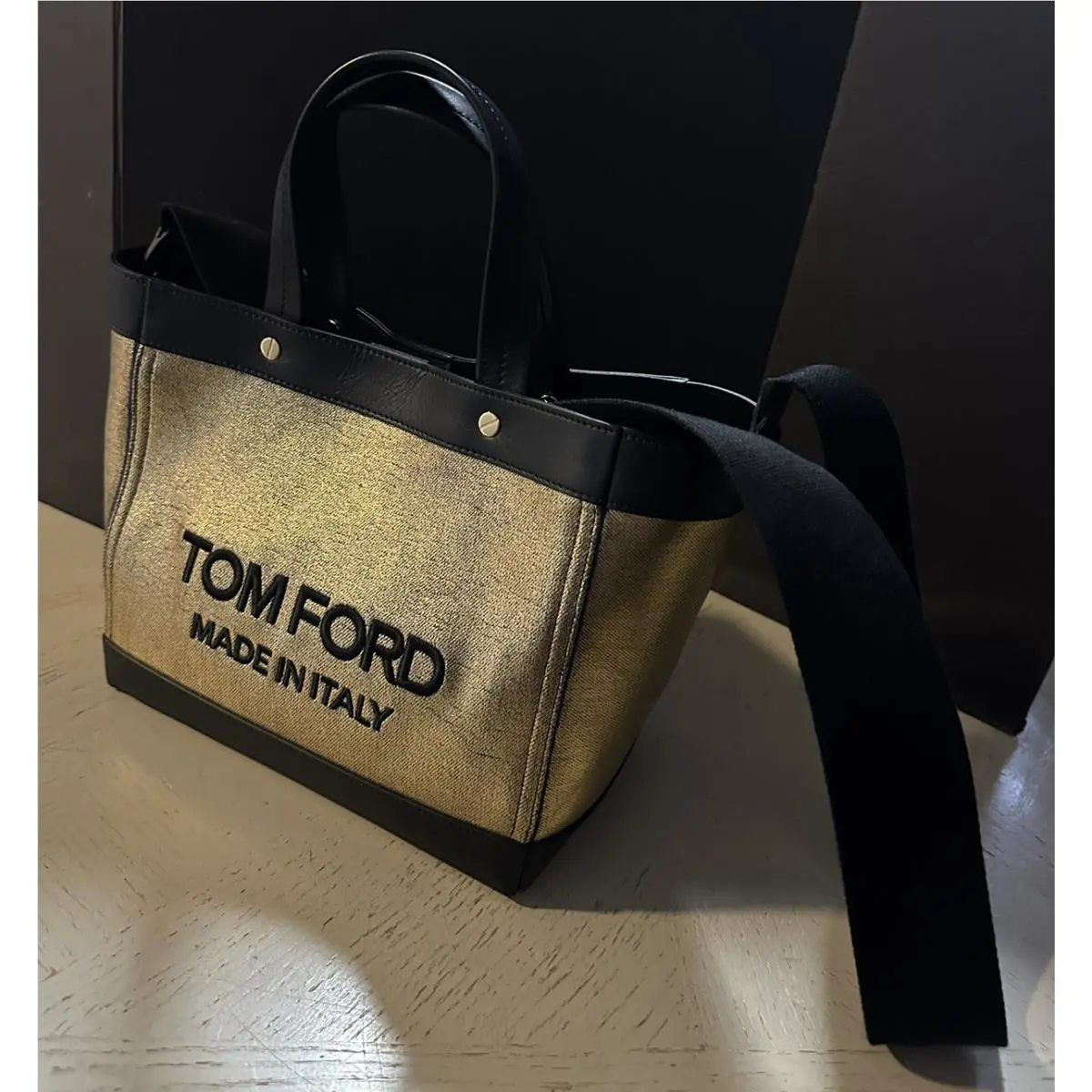 Tom Ford Metallic Logo Mini Tote Bag Color Gold/black Italy