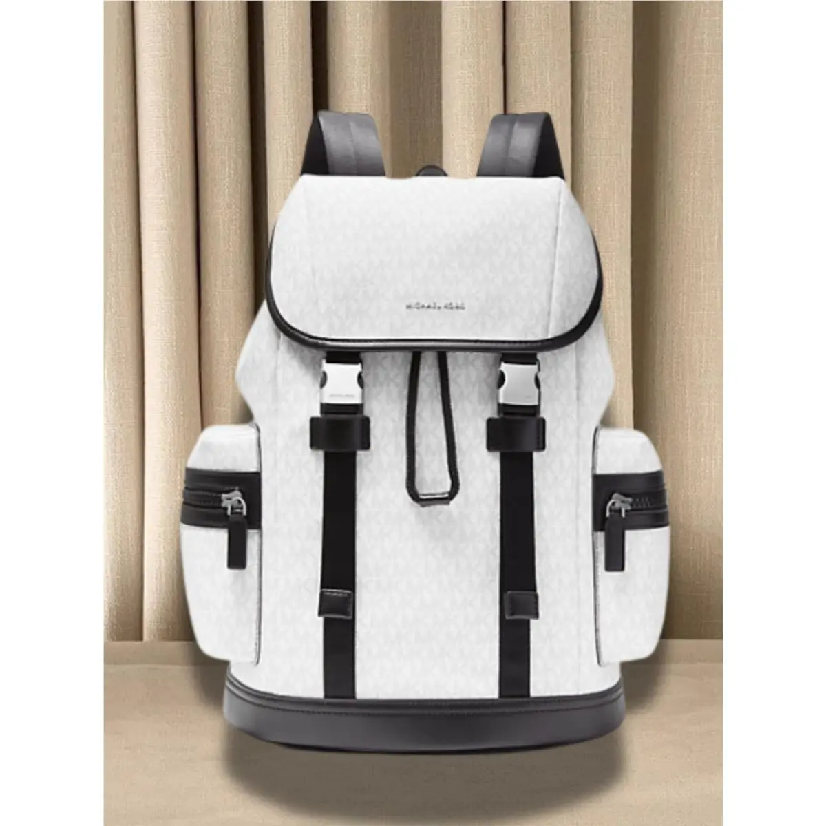 Michael Kors Cooper Men Logo Buckle Flap Zip Side Pockets Backpack Bright White