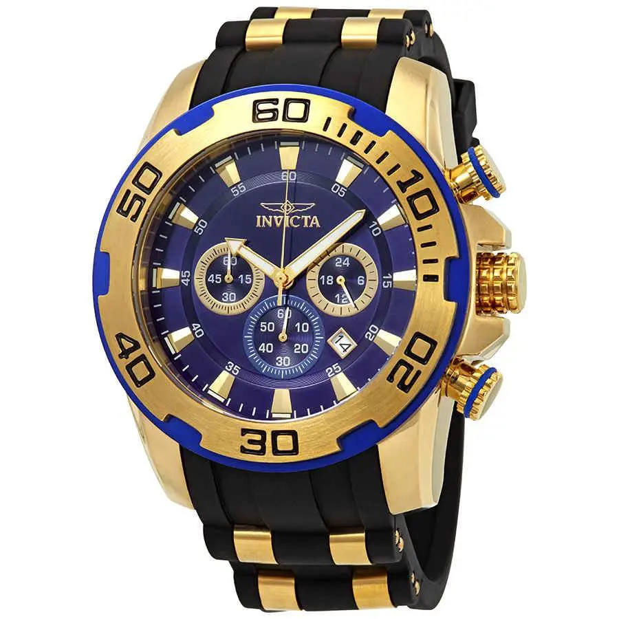 Invicta Pro Diver Chronograph Blue Dial Men`s Watch 22313 - Dial: Blue, Band: Two-tone (Black and Gold-tone), Bezel: Gold-plated