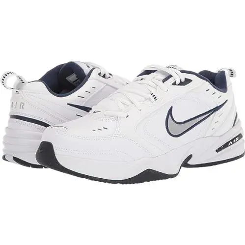 Men Nike Air Monarch Extra Wide White Navy Metallic Silver Leather 416355102 - White